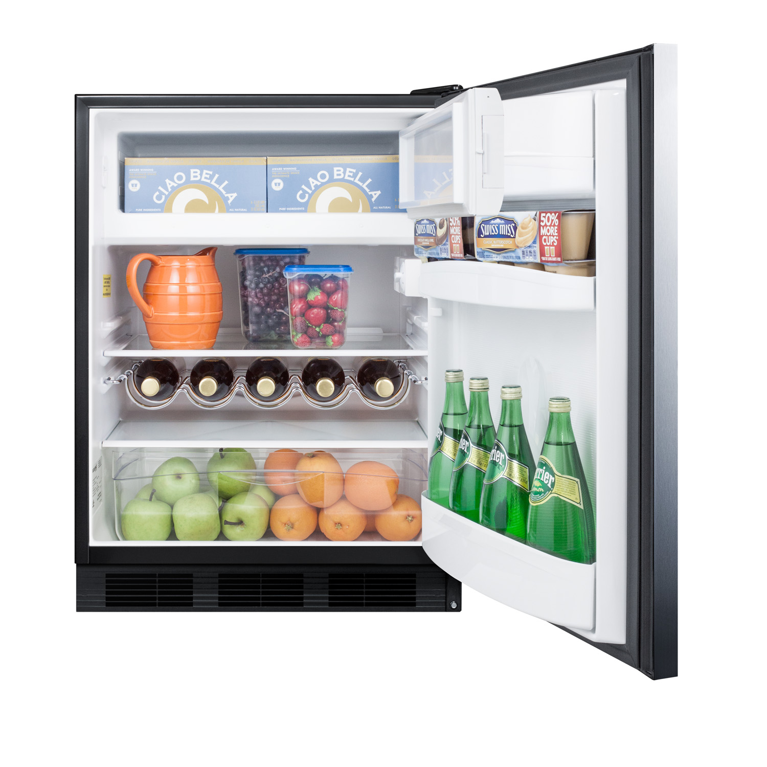 Built-in undercounter refrigerator-freezer for residential use, cycle defrost with a stainless steel wrapped door, horizontal handle, and black cabinet